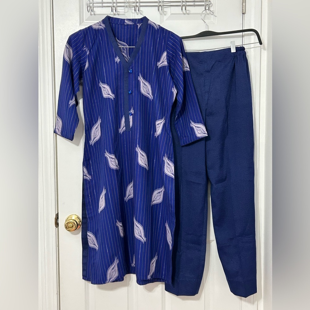 2 piece stitched Indian Pakistani suit in blue and gold floral print